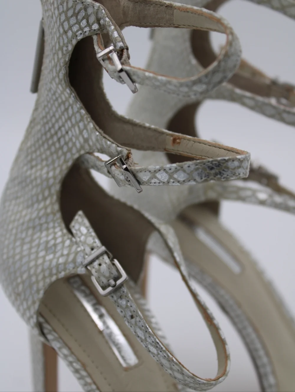 BCBGeneration Snakeskin Strappy Heels Silver Cream Size 9